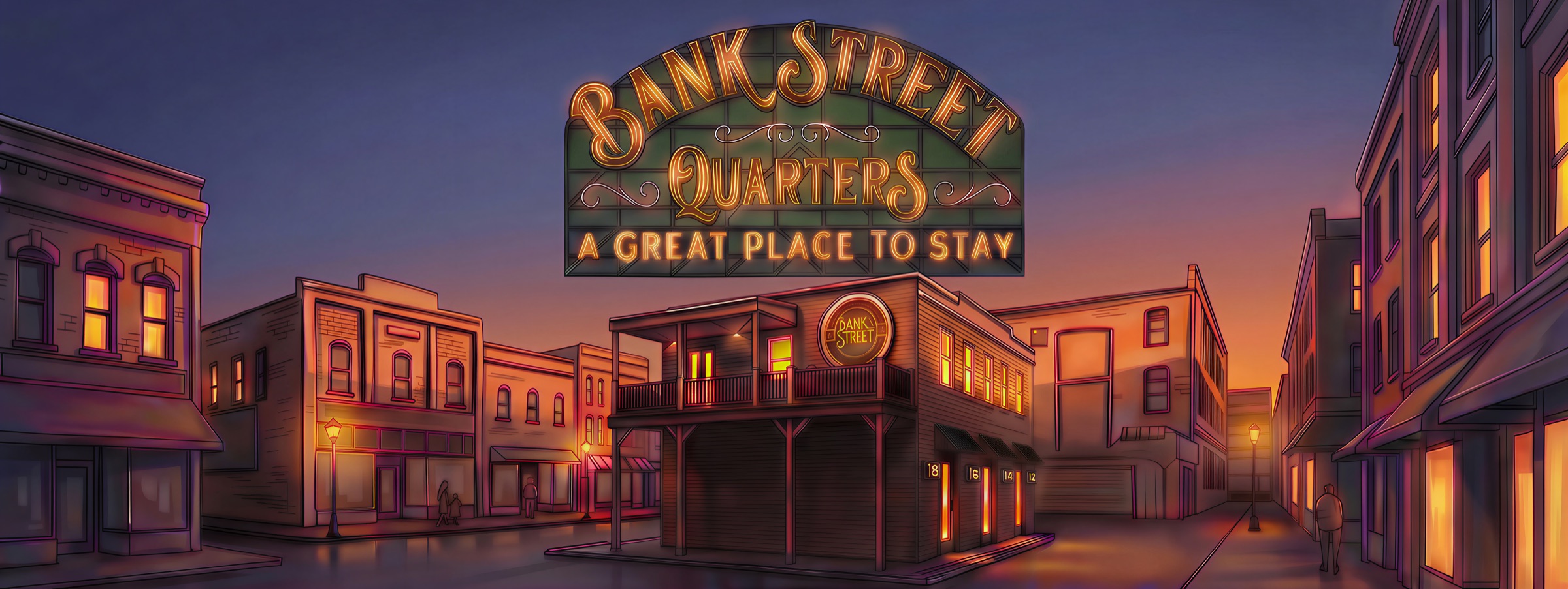 Bank Street Quarters — illustrated building at dusk